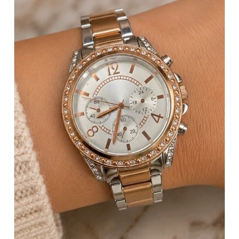 Two Tone Rhinestone Chrono Womens Watch Gold & Silver Tone Works New Battery